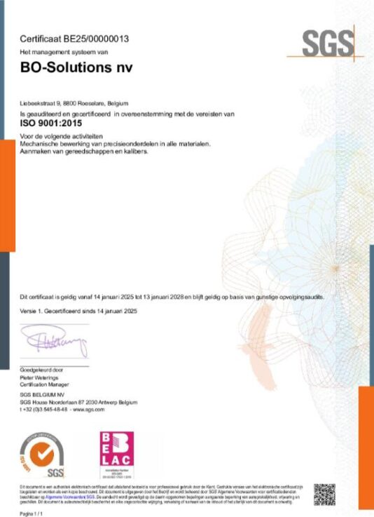 Certificat ISO 9001 de BO-Solutions à Roeselare
